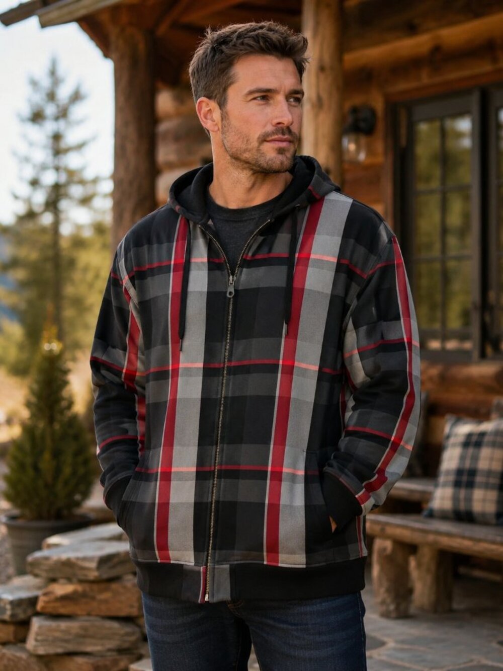 CSG Champs Sports Gear XL Plaid Hooded Full-Zip Jacket